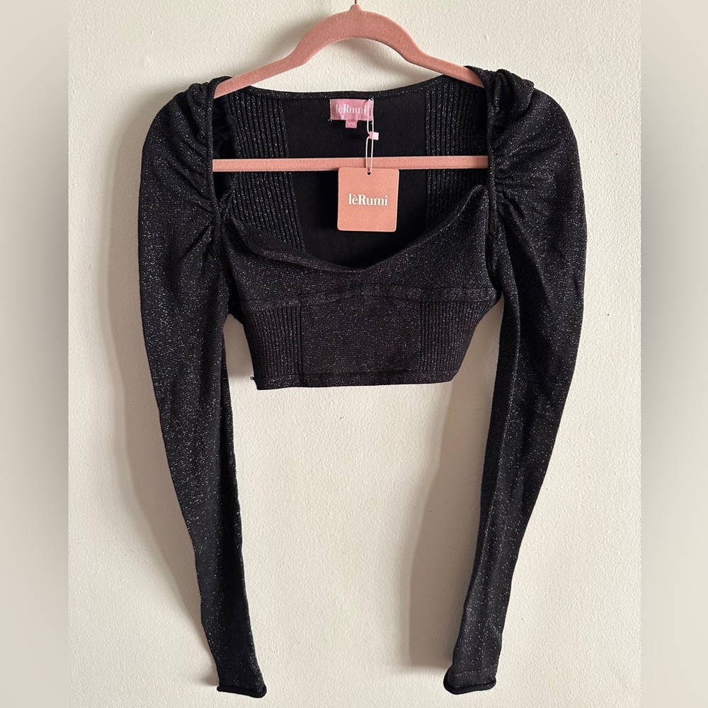 LERUMI Black Glitter Puff Sleeve Crop Top $101 SIZE EXTRA SMALL 0 00 Club Brunch